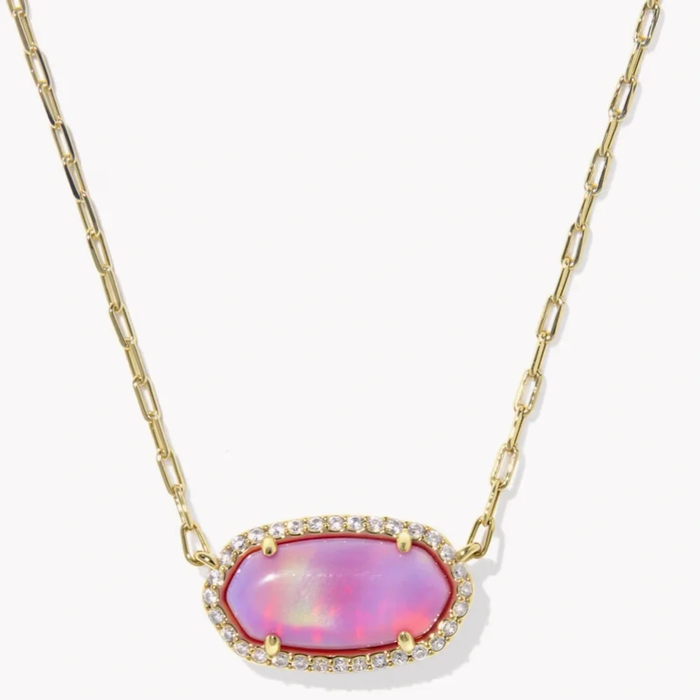 kendra scott elisa pave frame pink opalescent resin gold short pendant necklace - Picture 1 of 3